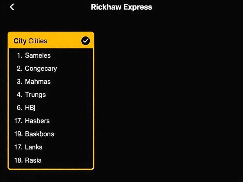 Rickshaw Express India city selection menu showing 15+ Indian cities